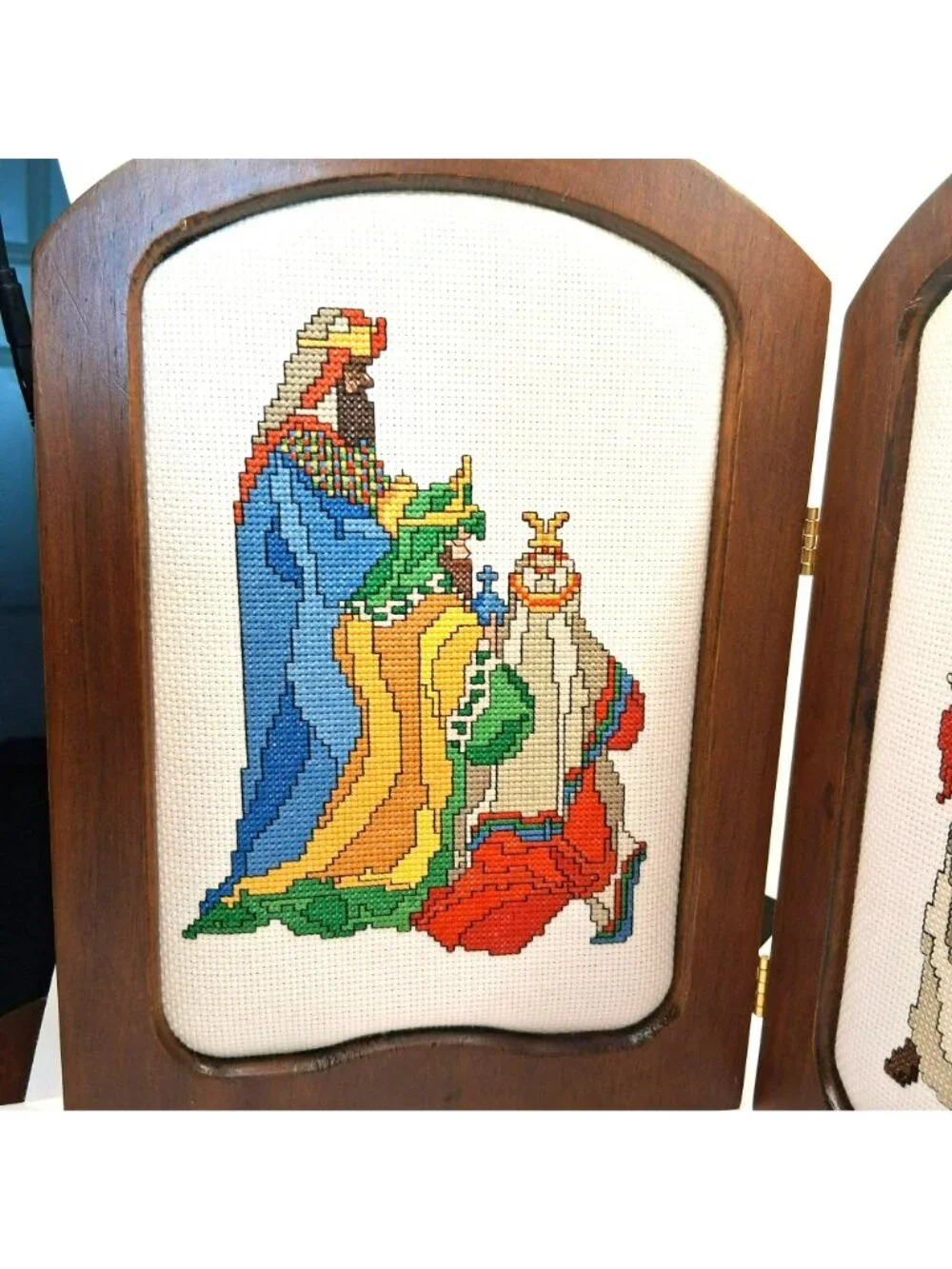 Vintage Wood Triptych Nativity Needlepoint Panels Holy Family Kings Angel 1984